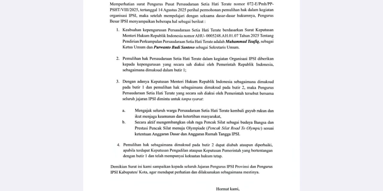 Ini Kewajiban IPSI Daerah, Tidak Patuhi SK Ditandatangani Pak Prabowo, Ini Konsekuensinya!!!